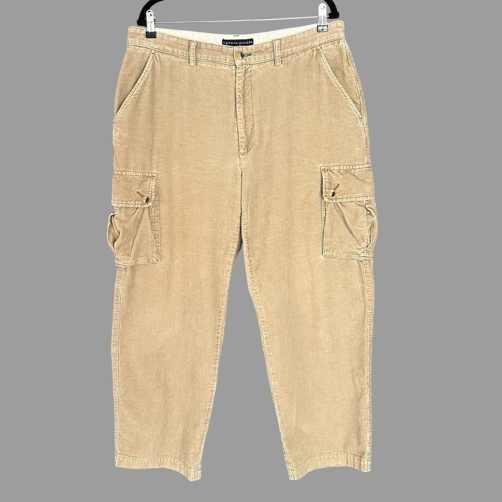 Tommy Hilfiger Y2K VTG Corduroy Cargo Pants Men 36 Tan Wide Leg Gorpcore Utility